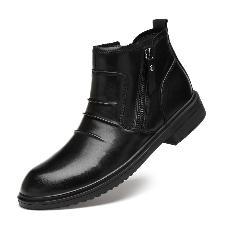 Mittelhohe Lederschuhe, lässige kurze Stiefel, Lederstiefel mit seitlichem Reißverschluss, warme Schneestiefel_voghion.com