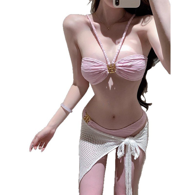 Neues Damen-Badeanzugset, purer Sexy Zweiteiler-Bikini, trägerloses Oberteil, Netzrock, Dreiteiler-Set für Inselresorts und heiße Quellen_voghion.com