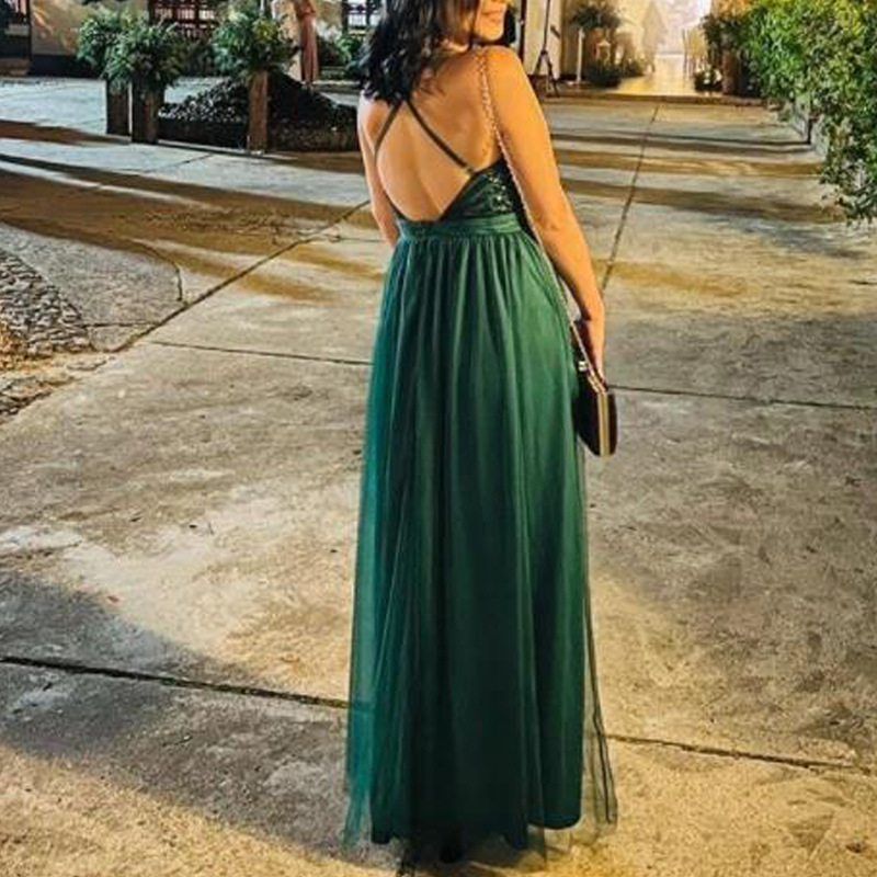 Elegante abito da sera lungo in mesh con spalline sottili_voghion.com
