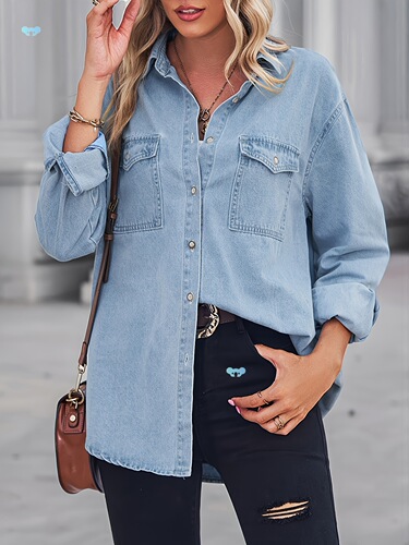 Women's Light Blue Denim Jacket Long Sleeve Button Shirt