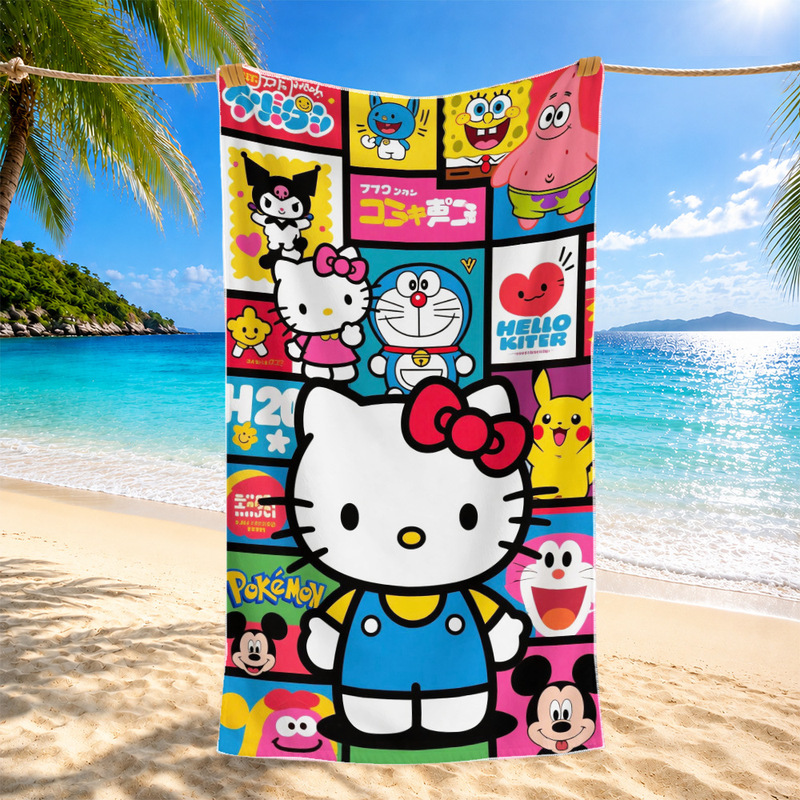 Cross-Border Cartoon Animation Hello Kitty Children's Bath Towel Microfiber Seaside Cute Hello Kitty Beach Towel