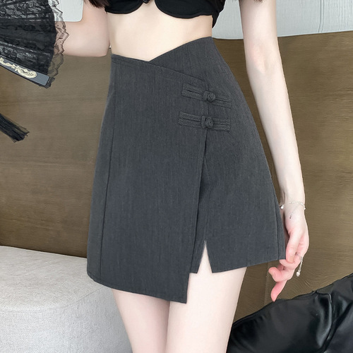 Summer Kingdom Retro Hip-Hugging Semi-Skirt A-Line Skirt with Side Slits, High-Waisted Asymmetrical Design, Fashionable and Versatile, Slimming A-Line Skirt