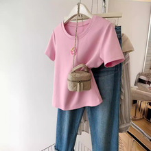 奥特莱斯~尾货清仓粉色重工刺绣短袖t恤女夏半袖设计感小个子上衣