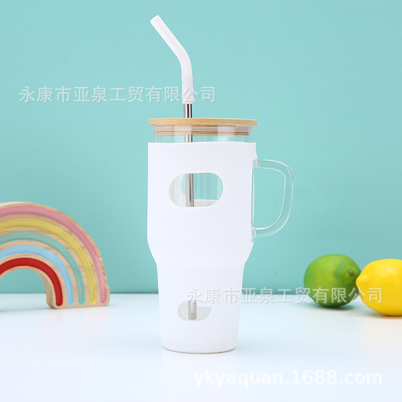 32oz vasos de vidrio transfronterizos con mango de gran capacidad portátil al aire libre cubierta de bambú cubierta de hielo con cubierta de automóvil al por mayor