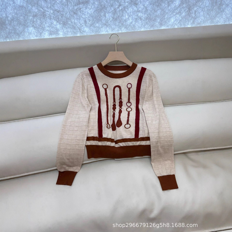 French 25 Spring and Summer Women's Charcoal Brown Rope Embroider Plaid Wool Jacquard Knitwear New Lady Knitwear