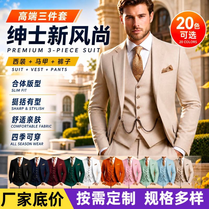 Men's Suit Set with a High-End Feel for Weddings and Banquets, Groom's Suit, Aliexpress Amazon Casual Three-Piece Suit