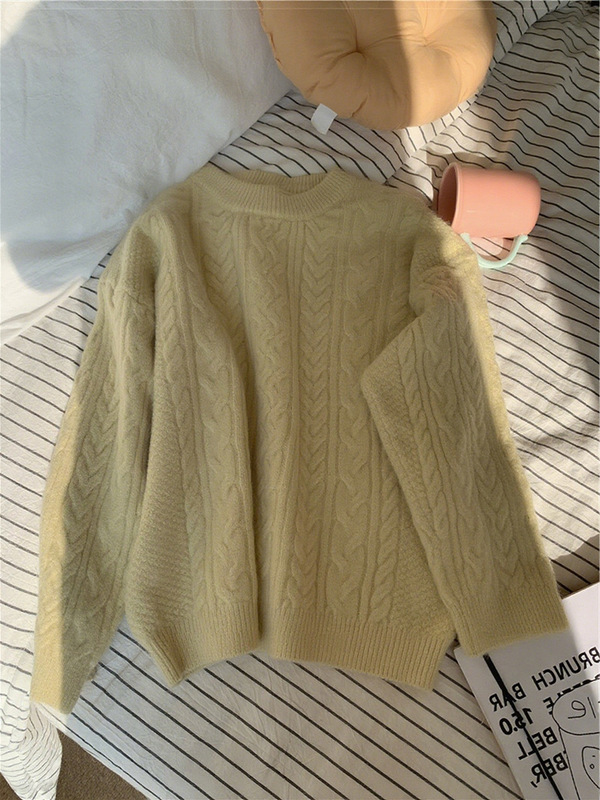 跨境十色入 超软糯舒服复古麻花辫简约纯色气质圆领套头针织毛衣|undefined