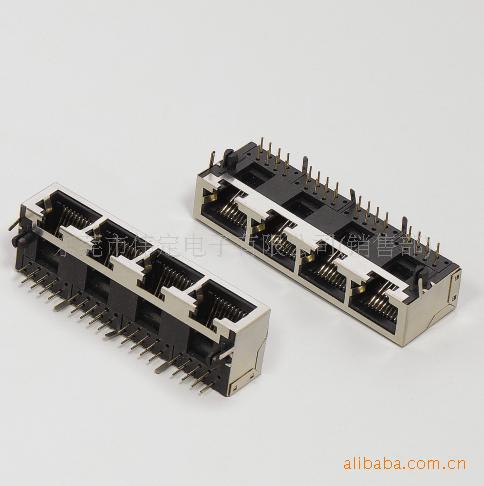 1X4 四连体四口带壳网络接口 RJ45母座PCB插座 1*2连接器四胞网口
