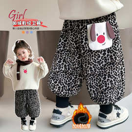 儿童加绒棉裤2025女童冬装休闲豹纹加绒运动裤中小宝宝厚棉裤长裤