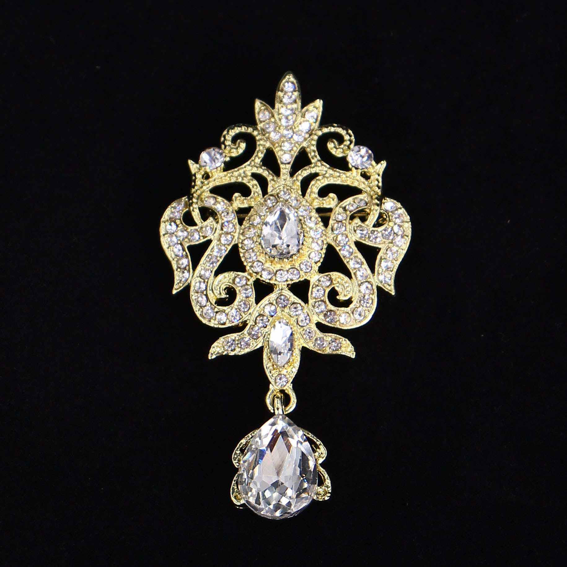 Floral Crystal Glass Crown Brooch For Women Elegant Water Drop Pin_voghion.com