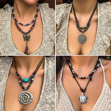 欧美跨境串珠颈链新中式necklace女百搭蝴蝶木珠复古松石项链饰品