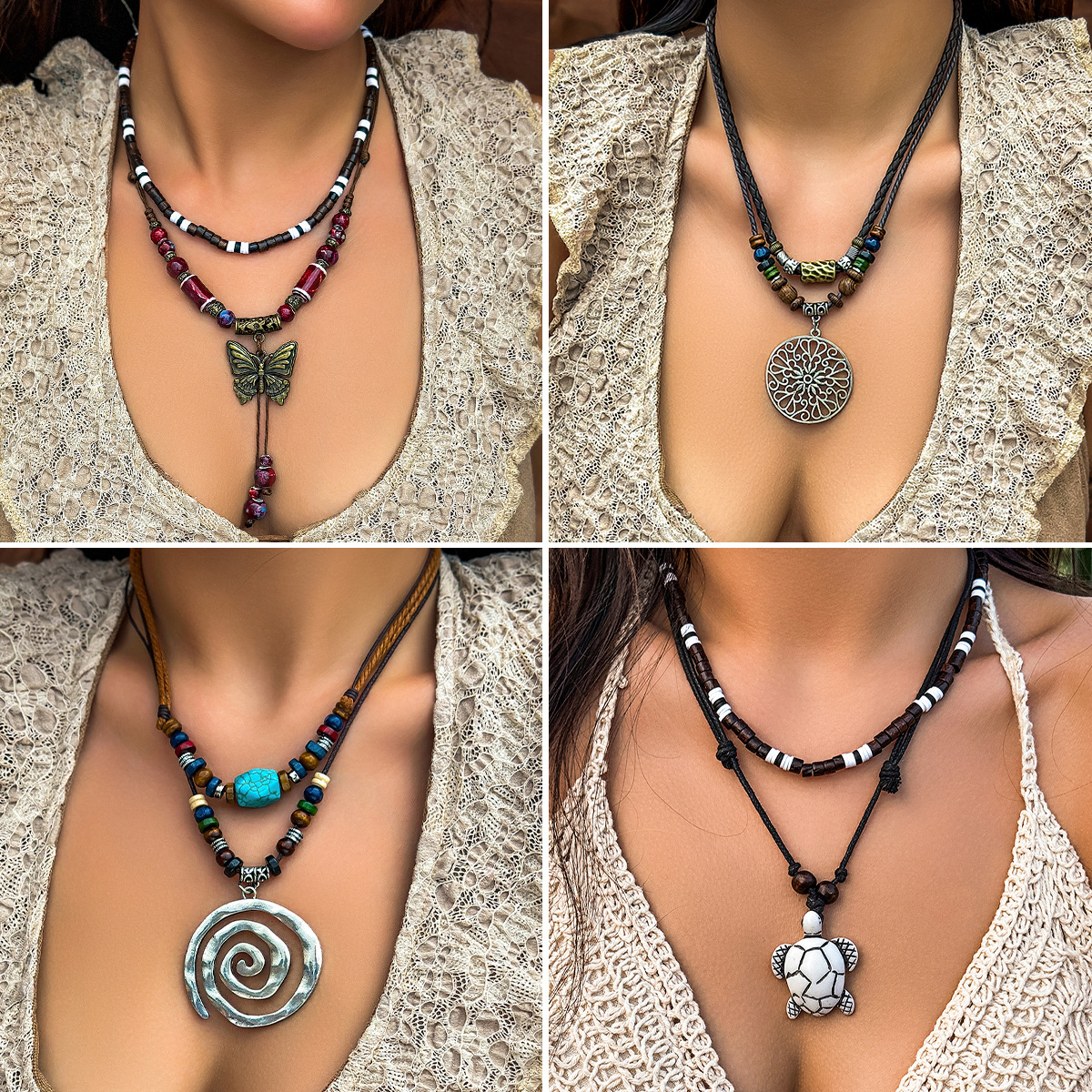 欧美跨境串珠颈链新中式necklace女百搭蝴蝶木珠复古松石项链饰品