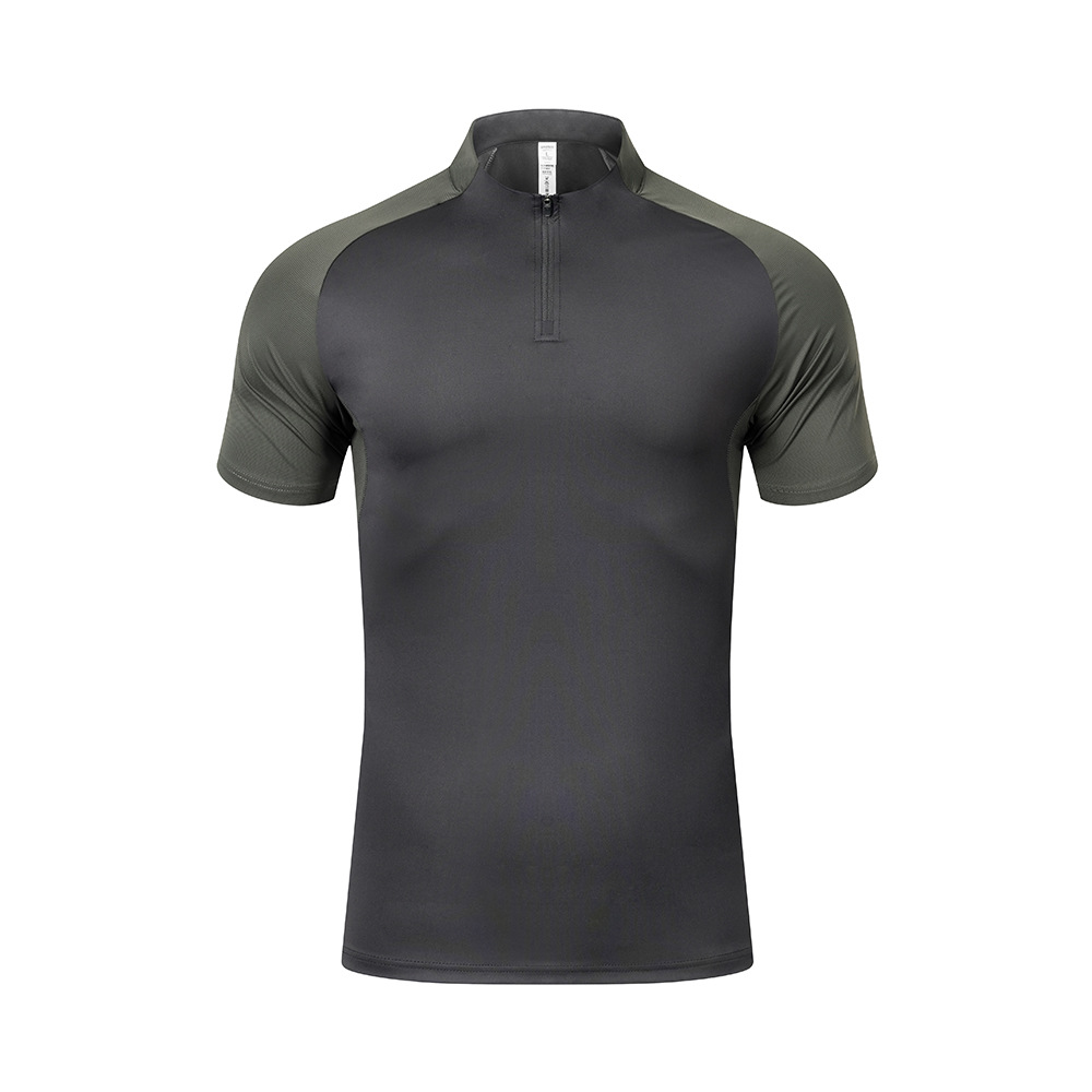 Camiseta deportiva de secado rápido al aire libre de verano para hombres con cuello vertical y medio cremallera, trajes de gimnasio para hombres sueltos, entrenamiento de correr de manga corta