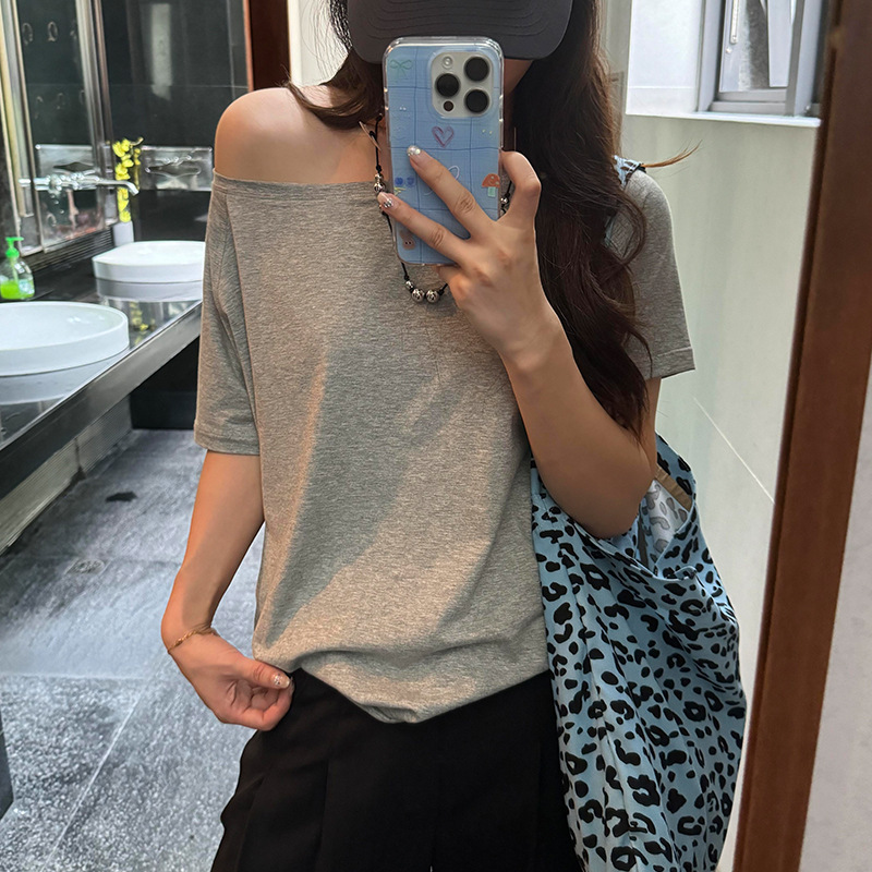 Zhang Jingyi Same Style Loose Casual Shoulder Stacked Two-Wear Short-Sleeved T-Shirt Women's Summer Lightweight Comfortable Shoulder Top