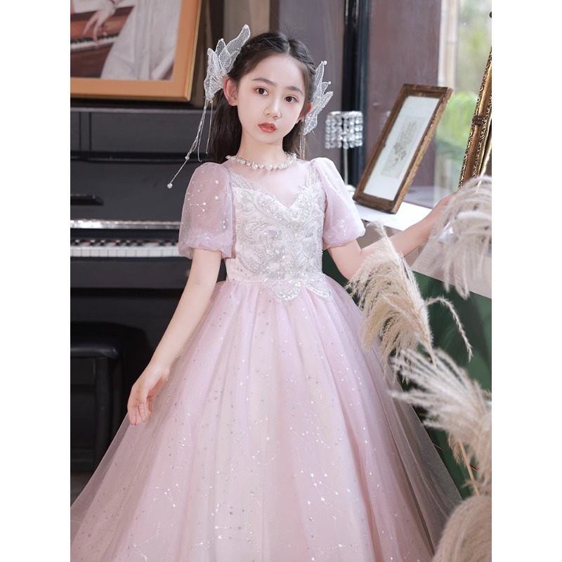 女童主持人粉色礼服高端公主裙儿童花童婚礼成人礼钢琴演奏演出服