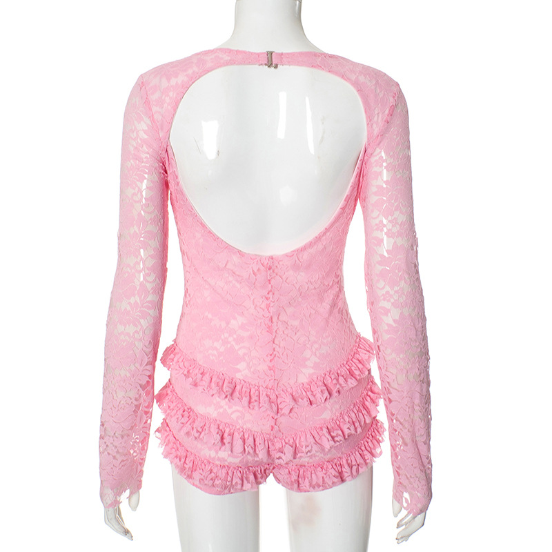 Mono ajustado sexy con cuello bajo y costuras de encaje para mujer