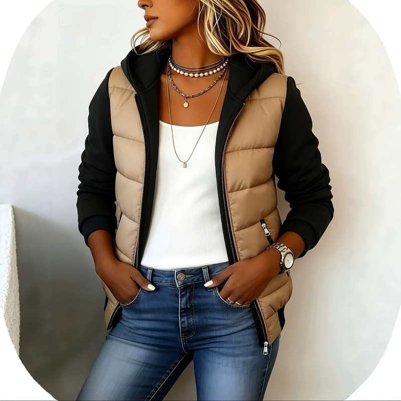 Cross-border European and American style two-piece design with contrasting colors, a hooded jacket, casual and versatile, perfect for autumn and winter, women's top