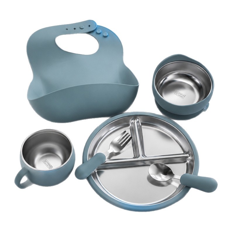 Transfronterizos de cubiertos de acero inoxidable para niños cubiertos de silicona cubiertos de alimentación infantil de seis piezas
