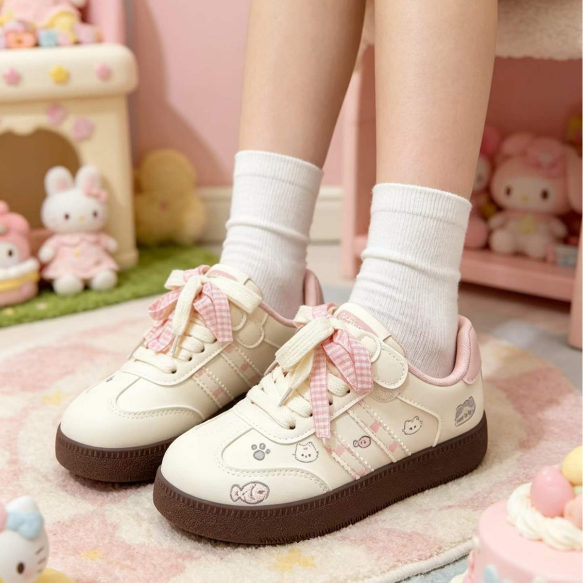 Feiyao JK girls' sneakers, autumn collection, sweet bow design, kawaii style, casual shoes, preppy style, Japanese cartoon design, white sneakers