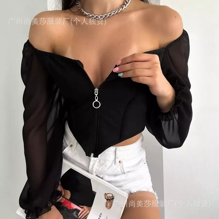 2025跨境欧美新款低胸V领雪纺灯笼袖修身时尚性感衬衫开衫上衣女