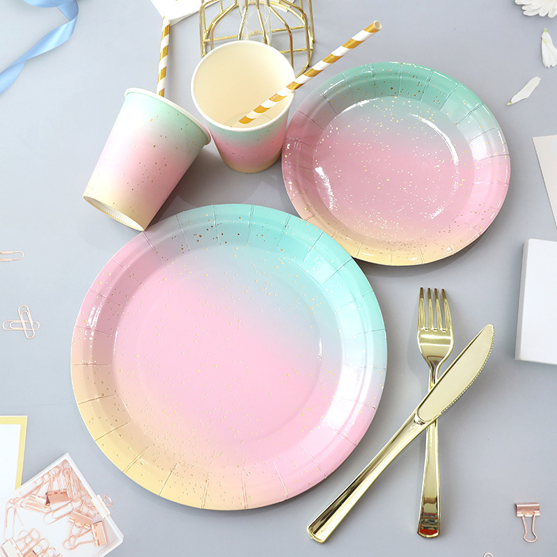 Amazon Disposable Rainbow Paper Plate Party Decoration Dinner Plate Cake Dish Round Plate Tableware Set