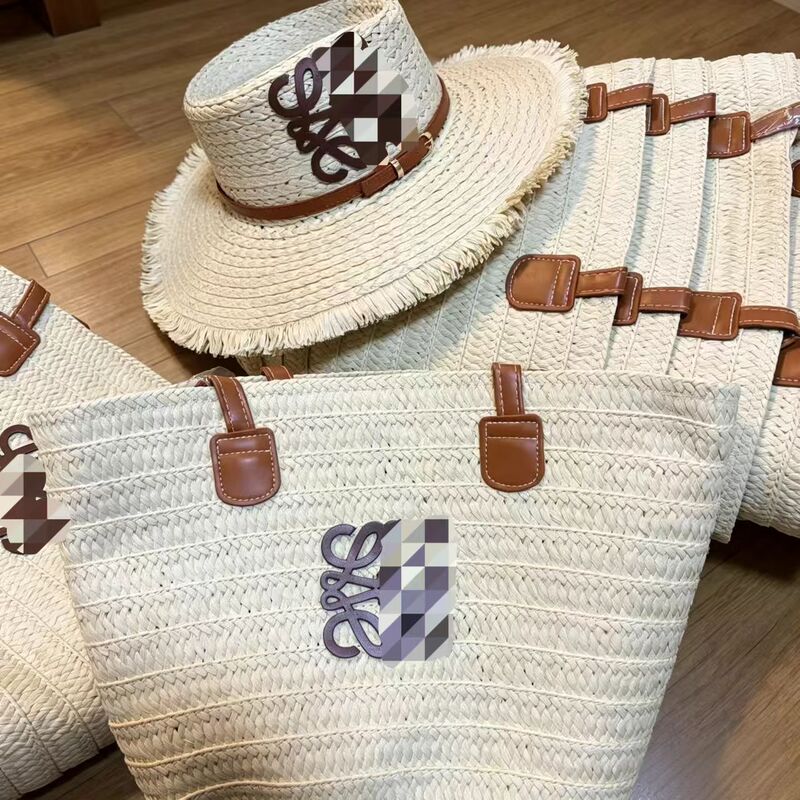 New Luo Wei Straw Hat and Straw Bag Two-Piece Set, Sun Hat, Large Capacity Striped Tote Bag, Shoulder Bag, Beach Bag