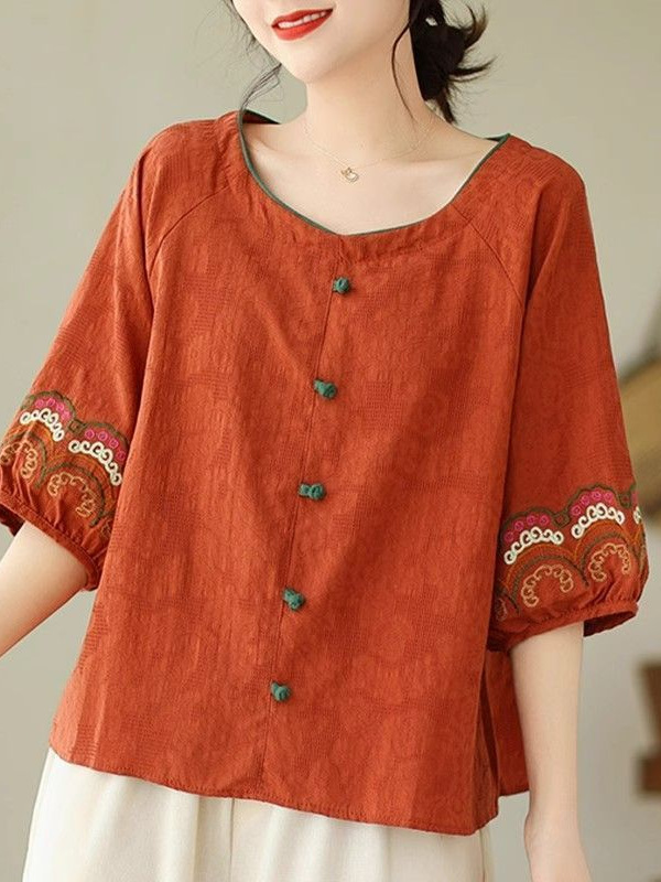 Middle-Aged Mother Cotton and Linen Half-Sleeved Embroidered Top Literary Retro Loose Short-Sleeved T-Shirt Spring and Summer New Women's Clothing