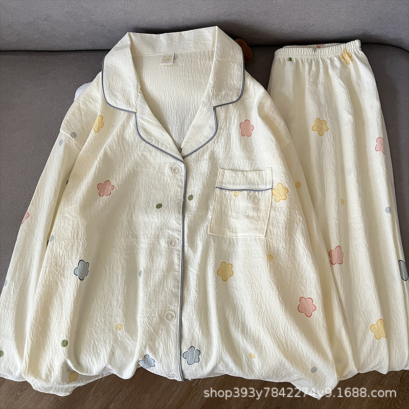 (2개) 5실 봉제 기술이 적용된 여성용 투피스 파자마, 클라우드 코튼 긴팔 팬츠, 스위트 걸리 스타일 가디건, 홈웨어 세트