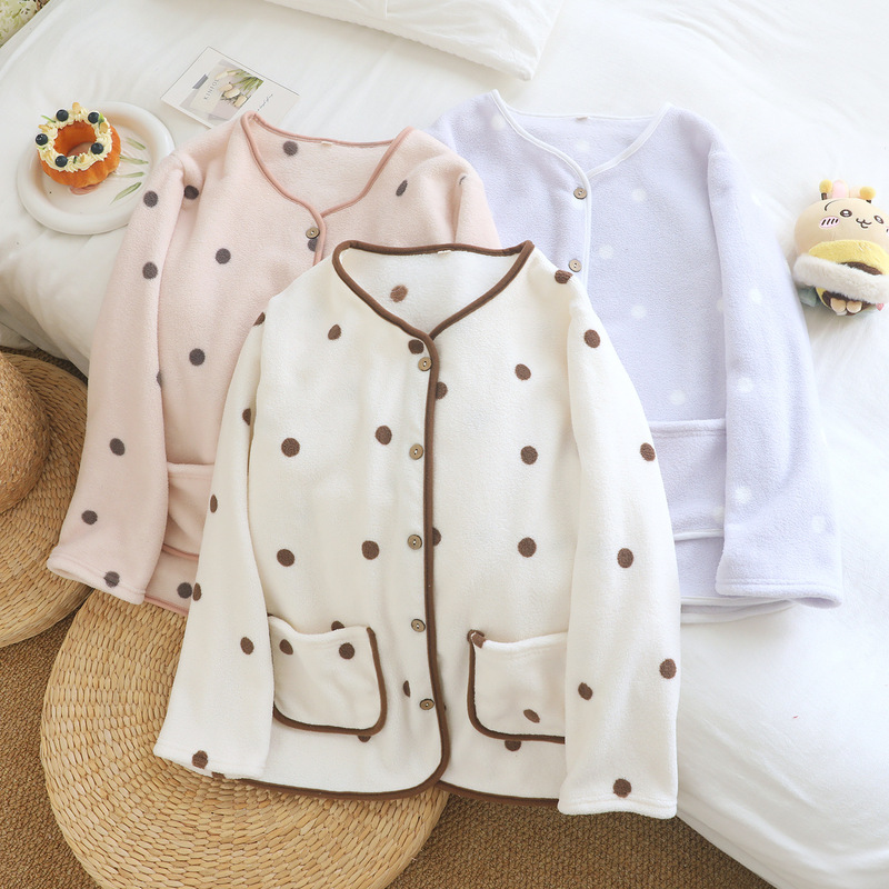 Women's Thick Fleece Loungewear for Spring, Autumn, and Winter, Fleece-Lined Pajama Jacket with Pockets, Long-Sleeved Top Women's Thick Fleece Loungewear for Spring, Autumn, and Winter, Fleece-Lined Pajama Jacket with Pockets, Long-Sleeved Top