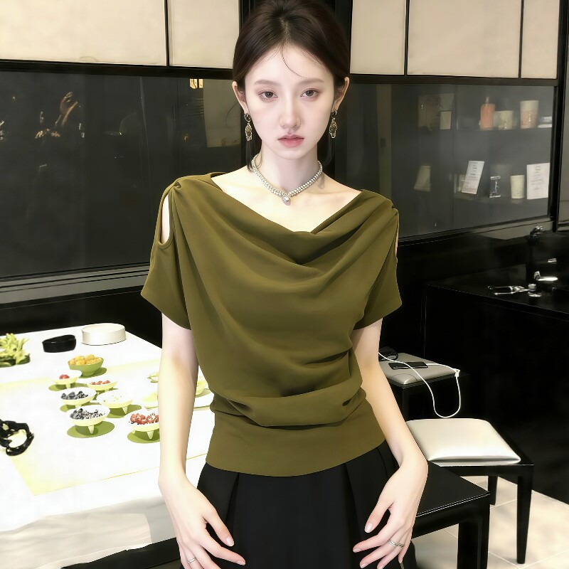 Áo thun nữ tay ngắn cổ swing hở vai phong cách thời trang — xanh lá cây chi tiết 5