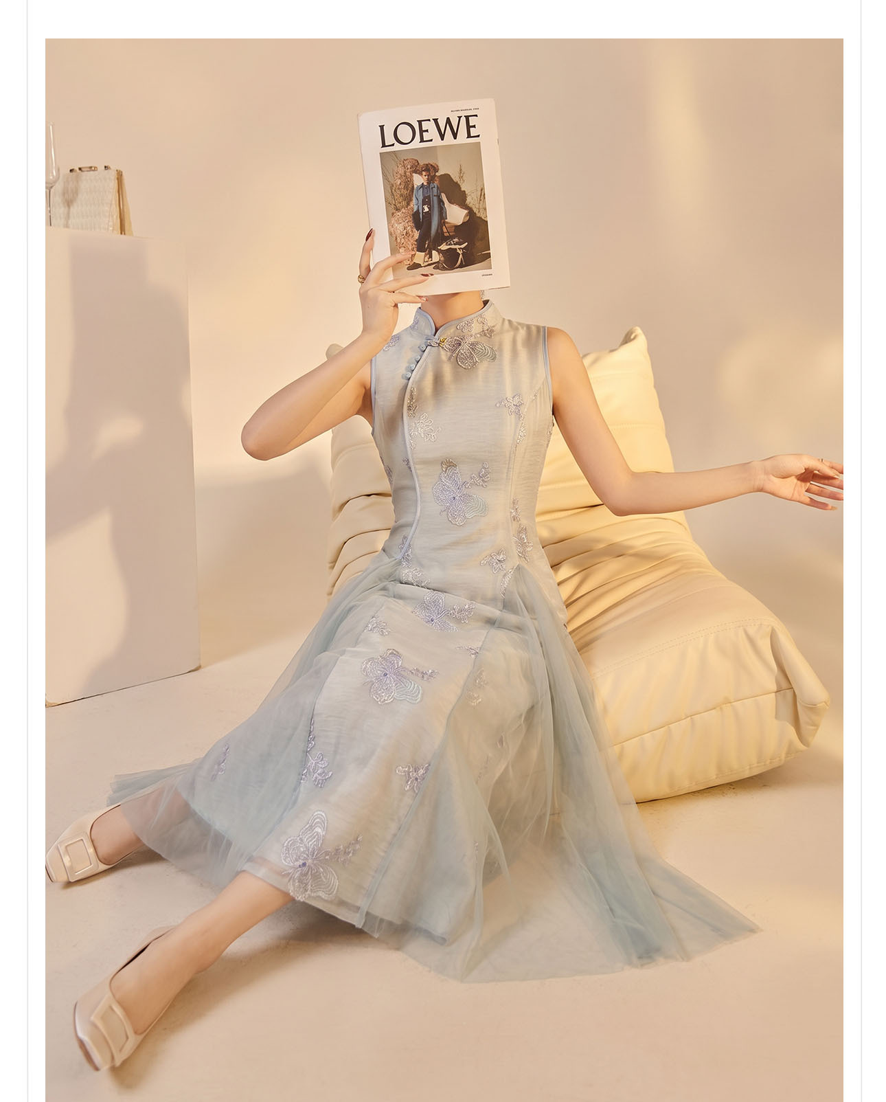 Váy dài không tay nữ tính dáng maxi — màu xanh nhạt chi tiết 3