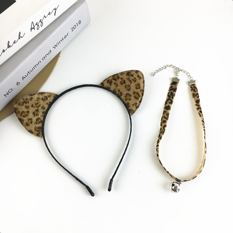 Cross Border Hair Accessories Leopard Print Cat Ears Hair Band Bell Necklace Collarbone Chain Maid Cat Dress-Up Hair Clamp Head Band