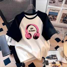 男女童黑白撞色短袖T恤2025夏装新款中大童洋气宽松百搭潮流上衣