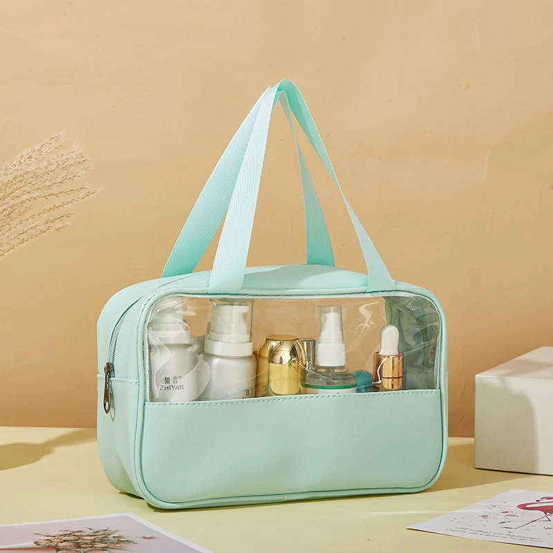 Capacious waterproof cosmetic bag PVC, polyurethane handheld organizer bag for traveling