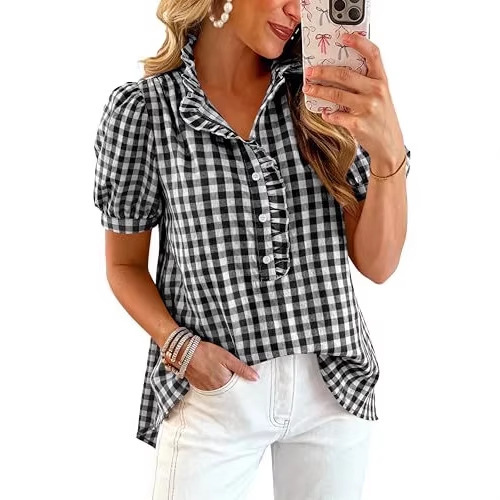 Cross-Border European and American New Style Plaid Short-Sleeved Shirt for Women, Puff-Sleeved Fashionable Top, Summer Plaid Shirt