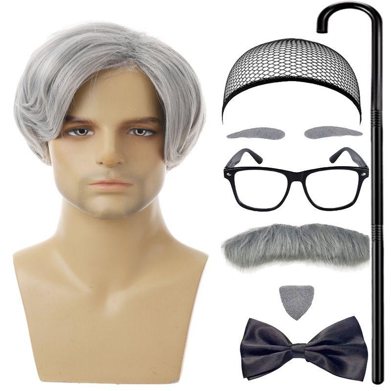 Cross-Border Cos Grandpa and Grandma Eyebrow and Wig Set Halloween Costume Elderly Glasses and Eyewear Accessories