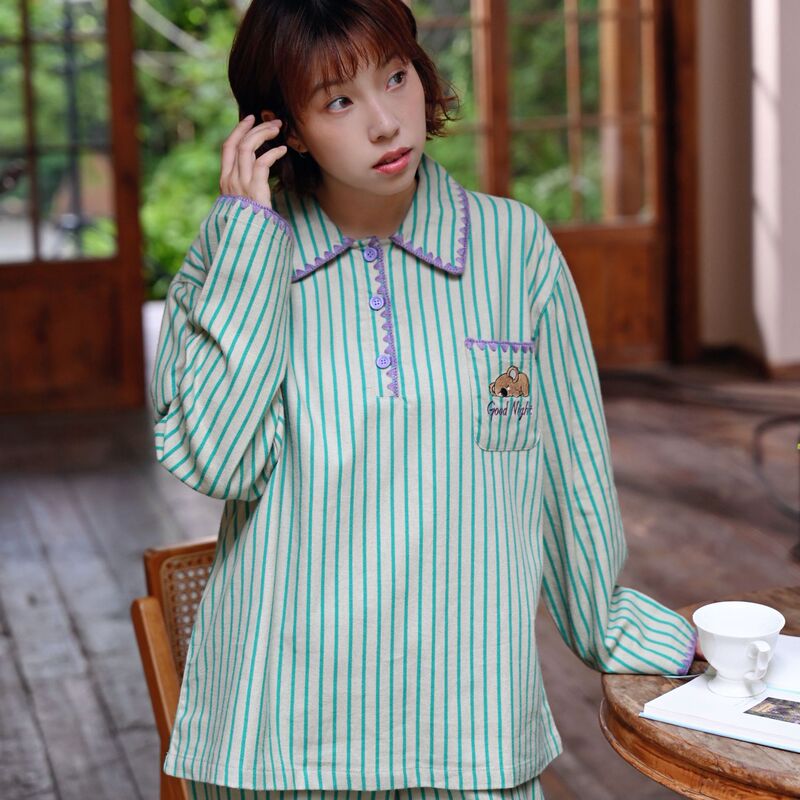 Striped urban-style spring and autumn pure cotton brushed pajama set for women, long-sleeved loungewear that can also be worn as outerwear, unisex Striped urban-style spring and autumn pure cotton brushed pajama set for women, long-sleeved loungewear that can also be worn as outerwear, unisex