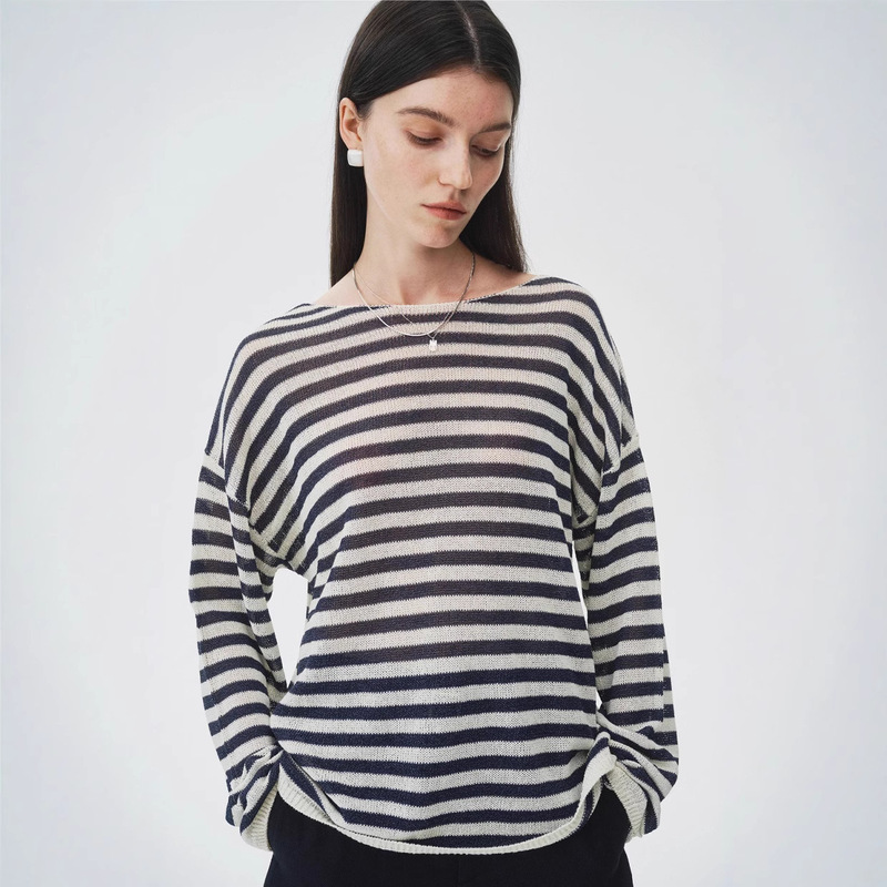 So Easy to Wear! Imported Japanese Paper Yarn Loose One-Line Collar Stripesd Long-Sleeved Knitted Top Slightly See-Through Sun Protection Slimming Look t