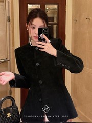 奢贵感外套羊皮绒精致圆领复古纽扣修身外套146
