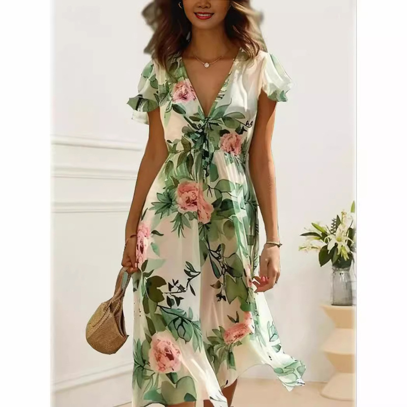 European and American Amazon New Printed Bohemian Women's V-Neck Mid-Length Sleeveless Dress, Popular in Summer in Europe and America