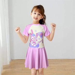 Girls' Swimsuit One-Piece Swimsuit for Medium and Large Kidsren Short-Sleeved Quick-Drying Hot Spring Swimming Trunks Cute Cartoon Style Surfing Swimsuit