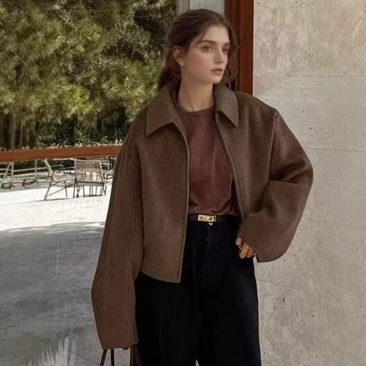 Cross-Border Amazon European and American Clothing New American Jacket Woolen Lapel Retro Short Coat Solid Color Top for Women
