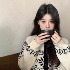 复古经典拼色圆领费尔岛毛衣开衫女秋宽松廓形慵懒风针织上衣外套