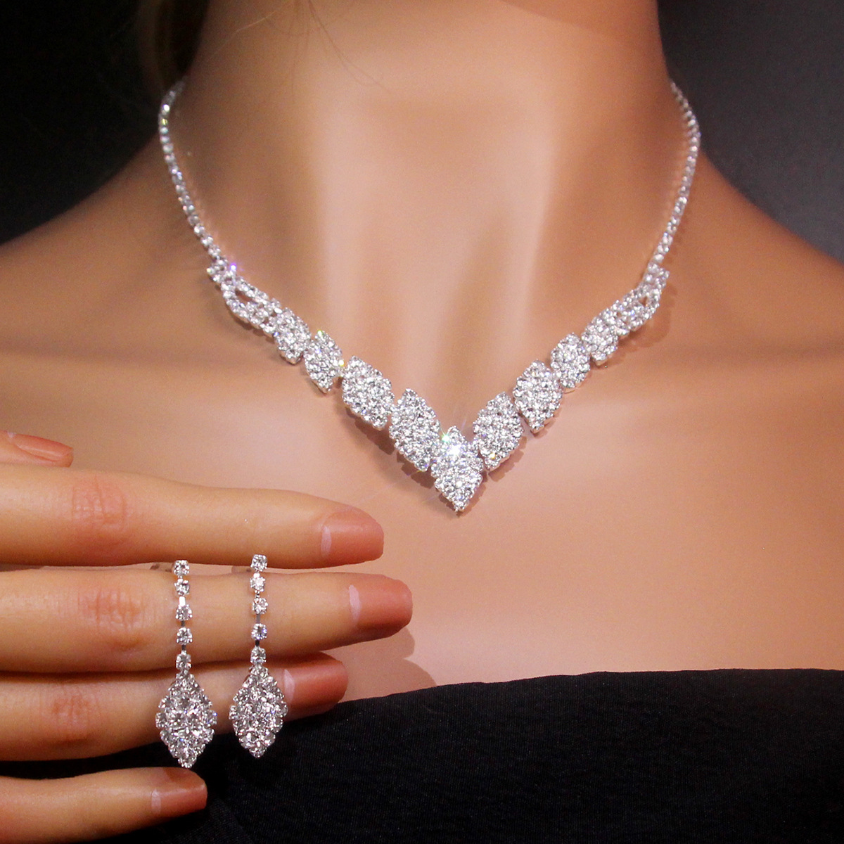 Moda collar nupcial joyería traje rhinestone borla collar pendientes 2 piezas conjunto de accesorios de banquete de boda de las mujeres