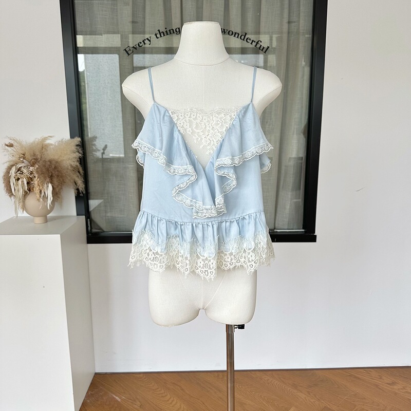 Sea at Dawn, First Love Feeling, Lyocell Satin Lace Trim Camisole for Women, Blue, Ye Hong Clothing, Outerwear
