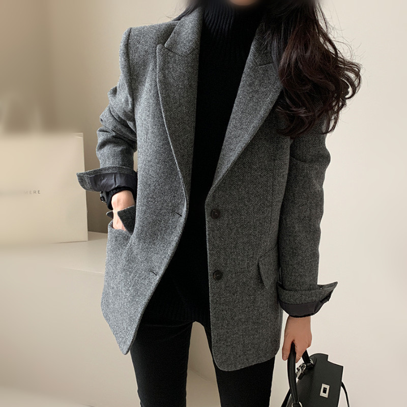 Korean Ins 2026 Autumn and Winter New Solid Color Woolen Blazer for Women, Melard Style Chanel-Inspired Suit for Women