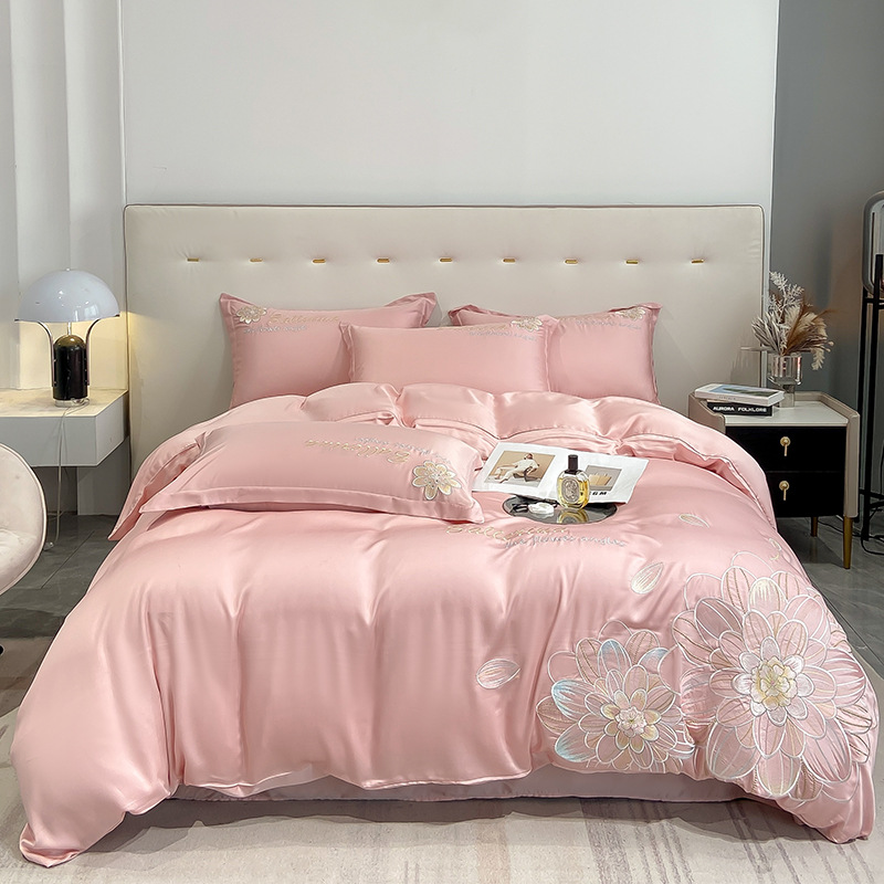 Embroidered Bedding Set Washed Tencel Summer Ice Silk Four Piece_voghion.com