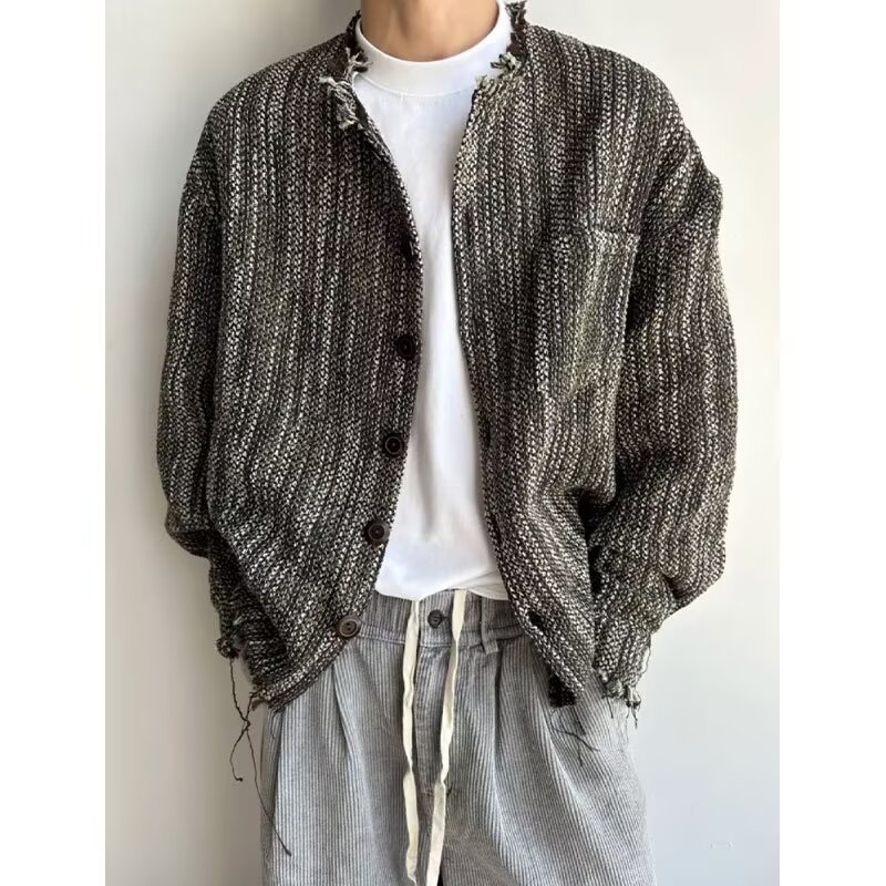 American Retro Collarless Knitted Long-Sleeved Shirt Men's Spring and Summer Vintage Lazy Style High-End Jacket