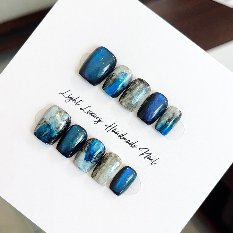 【An Yi Handicrafts】Deep Sea Blue Ink Gradient Handmade Wearable Nails, Cool-Toned Ink Marble Short Square Nails with Blue Cat Eye Effect 【An Yi Handicrafts】Deep Sea Blue Ink Gradient Handmade Wearable Nails, Cool-Toned Ink Marble Short Square Nails with Blue Cat Eye Effect