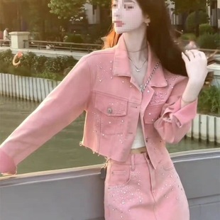 Short Autumn Suit, Denim, a Complete Set of Rhinestone Tops, High-Waisted Short Skirts, Two-Piece Outfits for Women to Reduce Age
